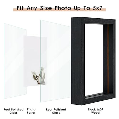MUYE 5x7 Floating Frames Set of 2,Double Glass Picture Frame Display Any Size Photo up to 5x7,Wall Mount or Tabletop Standing,Black - color: Black, size: 5x7
