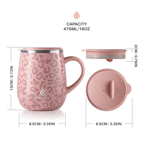 Ideus 16 oz Insulated Coffee Mug with Handle and Lid, Double Wall Stainless Steel Vacuum Thermal Coffee Mug, Travel Coffee Cup Thermal Cup for Home and Office (Leopard Pink, FUJI DAWN) - color: Leopard Pink