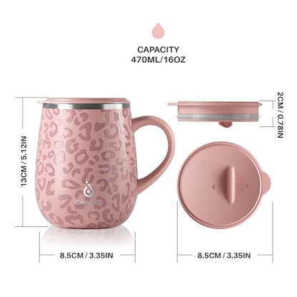 Ideus 16 oz Insulated Coffee Mug with Handle and Lid, Double Wall Stainless Steel Vacuum Thermal Coffee Mug, Travel Coffee Cup Thermal Cup for Home and Office (Leopard Pink, FUJI DAWN) - color: Leopard Pink