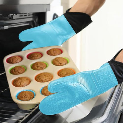 BPA-Free Soft Silicone Oven Mitts - Ultra Heat Resistant Oven Mitts with Thick Cotton Liner - Extra Long Slip Resistant Pot Holders, Flexible Oven Gloves - Aqua/Black 14.7" - color: Aqua, size: 2-Piece 14.7" Oven Mitts