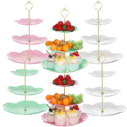 6 Pcs 3 Tier Cupcake Stand Tea Party Trays 3 Tier Serving Tray Plastic Dessert Stand Cake Fruit Candy Display Tower for Wedding Birthday Tea Party (Sakura,White,Pink,Green) - color: White,pink,green, size: 14.5 inches (37 cm) H x 9.4 inches (24 cm) W