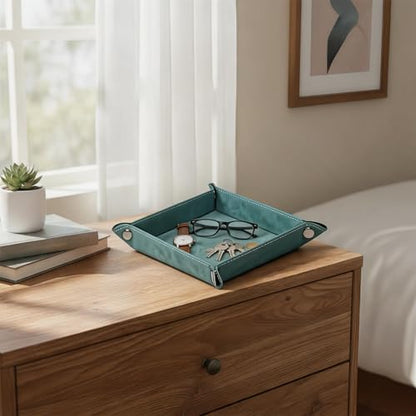 Valet Tray Desktop Storage Organizer – Vegan Leather Catchall Bedside Vanity Tray Nightstand Caddy Holder for Remote Controller, Watch, Keys, Phone, Wallet, Coin, Jewelry, Stone Green - color: Stone Green