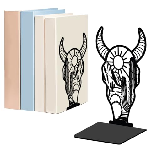 WADORN 1 Pair West Cow Skull Metal Decorative Bookend for Shelves, Heavy Duty Book Ends Modern Non-Skid Books Holder Stand Black Book Support Stoppers for Desk Bookshelf Office Home, 5.3x4.3x7.9 Inch - color: Cow Skull