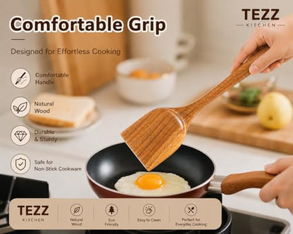 Premium 5 pcs Wooden Spoons For Cooking, Wood kitchen Spatula Utensils set | Acacia Wood Utensil set With Soup Ladle and Wok Spatula, Salad fork for Non-stick Skillet