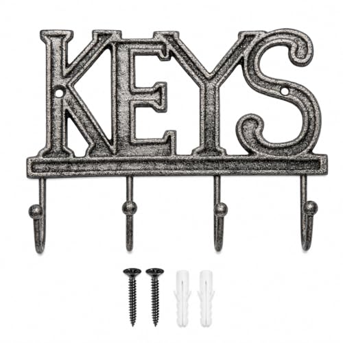 Comfify Gray Cast Iron Key Holder for Wall – Keys Sign with 4 Hooks | Neutral gray versatile finish; mounting hardware included; entryway, hallway or door; 6"H x 8"L; holds 8 keychains - color: Gray