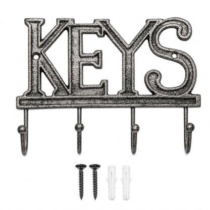 Comfify Gray Cast Iron Key Holder for Wall – Keys Sign with 4 Hooks | Neutral gray versatile finish; mounting hardware included; entryway, hallway or door; 6"H x 8"L; holds 8 keychains - color: Gray