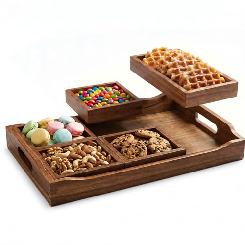 Serving Tray with 5 Removable Snack Boxes,Acacia Wood Snack Tray for Parties and Entertaining, Movie Night, Coffee Table and Charcuterie Serving - color: Acacia Wood-2