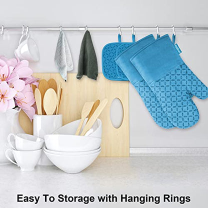 KEGOUU Oven Mitts and Pot Holders 6pcs Set, Kitchen Oven Glove High Heat Resistant 500 Degree Extra Long Oven Mitts and Potholder with Non-Slip Silicone Surface for Cooking (Sky Blue) - color: Sky Blue