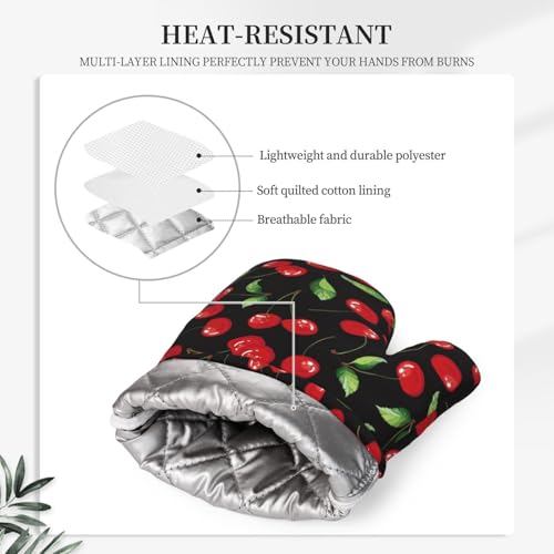 Watercolor Cherries Oven Mitts and Pot Holders Sets Silicone Cherry Fruit Pattern Kitchen Oven Mitts Hot Pads Heat Resistant Potholders Kitchen Mitts Set for Baking BBQ Cooking - color: Black Red