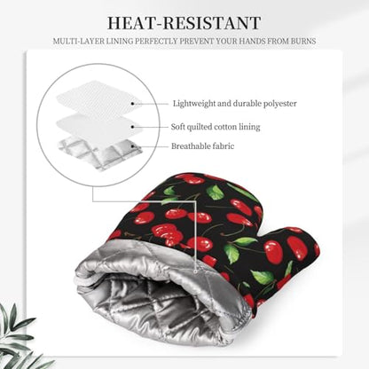 Watercolor Cherries Oven Mitts and Pot Holders Sets Silicone Cherry Fruit Pattern Kitchen Oven Mitts Hot Pads Heat Resistant Potholders Kitchen Mitts Set for Baking BBQ Cooking - color: Black Red