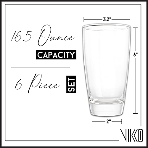 Vikko 16.4 Ounce Water Tumblers | Large All Purpose Drinking Glasses – Thick and Durable Construction – Beautiful Design – Heavy Base – Dishwasher Safe– Set of Six Tall Glass Tumblers