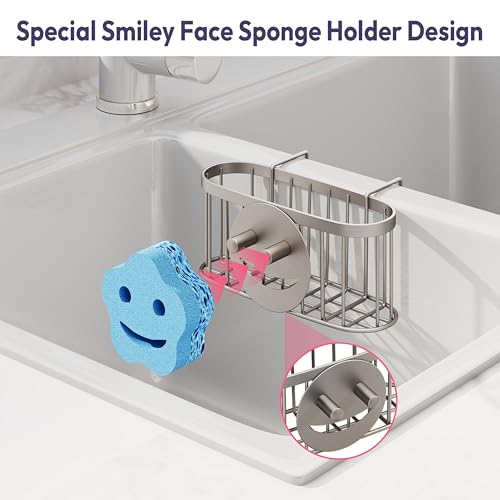 SWTYMIKI Sponge Holder for Kitchen Sink - Movable Sink Caddy with Smiley Face Sponge Holder, Rustproof Hanging Sponge Organizer in Double Bowl Sinks Depth>3.15in, Middle Divider<1.5in, Sand Nickel - color: Sand Nickel-smiley Sponge Holder