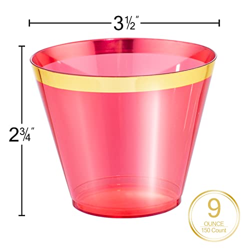 LUODA 150PCS Red Plastic Cups, 9oz Clear Red Disposable Cups with Gold Rim | Old Fashioned Tumblers Gold Rimmed Red Plastic Cups,Unbreakable cups for Any occasion: Weddings, Parties, Business Events - color: Red