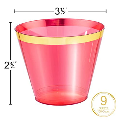 LUODA 150PCS Red Plastic Cups, 9oz Clear Red Disposable Cups with Gold Rim | Old Fashioned Tumblers Gold Rimmed Red Plastic Cups,Unbreakable cups for Any occasion: Weddings, Parties, Business Events - color: Red