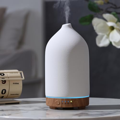 200ML Ceramic Essential Oil Diffuser for Home, Stone Diffuser | Ultrasonic Aromatherapy Diffuser & Air Humidifier for Bedroom, Office, Yoga, 7 LED Lights, Auto Shut-Off, 3 Timers,Wood Grain - color: Wood
