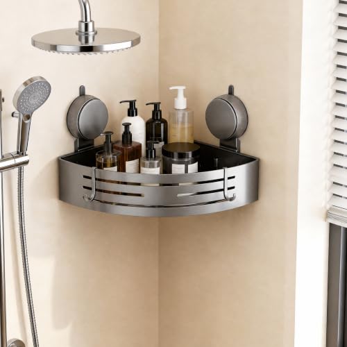 No-Drilling Corner Suction Cup Shower Caddy(1-Pack Gray),Rust-Proof and Durable Bathroom Organizer with Towel Bar & Hooks,Modern Large-Capacity Wall-Mounted Shower Shelf - color: Tall Corner-black, size: 1 Pack