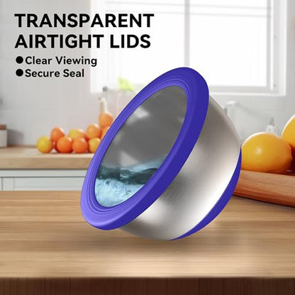 KITEISCAT Stainless Steel Mixing Bowls with Lids – Set of 5 Large Nesting Metal Bowls for Kitchen, Baking, Cooking, Food Prep & Storage, Non-Slip Base, Dishwasher Safe,Blue - color: Blue