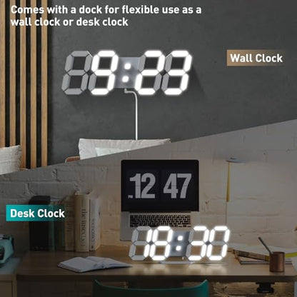 EDUP HOME® 3D LED Digital Wall Clock with Remote Control, 9.7 Inch, White | Desk Alarm Clock with Night Light, Adjustable Brightness, 12/24H, Time, Date & Temperature for Home or Office - color: Cool Lights 9.7" Led Clock + White Design