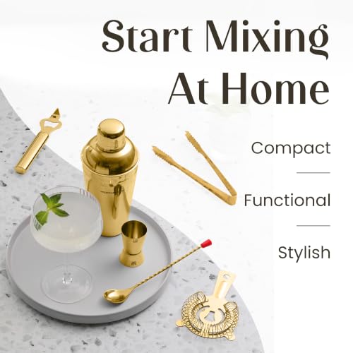 Cocktail Shaker Set - Bartender Kit with Pine Stand | Leak-Proof Design | Includes Martini Shaker, Jigger, Strainer, Spoon, Tongs | Perfect Bar Tools Gift for Home Mixology (Gold) - color: Gold / Light Stand, size: 8 Pieces