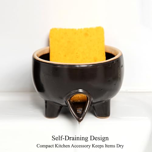Ceramic Sponge Holder with Drainage, Black Sink Caddy Organizer | Self-Draining Kitchen Versatile Holder for Sponges, Brushes & Bar Soap, Scrubber , Quick-Dry Design, Keeps Countertop Dry