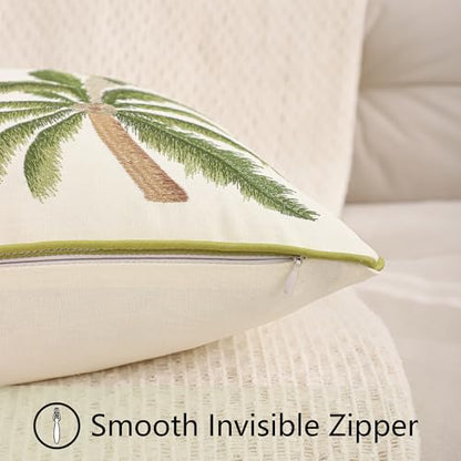 Green Palm Tree Throw Pillow Covers 18x18 Inch Set of 2 | Embroidery,Ocean-Themed,Durable Fabric,Boho Decorative,Hidden Zipper,Aesthetic Design,Ideal Gift,Easy Care - color: A-green Palm Tree