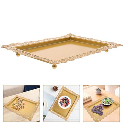 Ipetboom Rectangular Iron Serving Tray Decorative Food Plate with Hollow Lace Edge Gold Finish Multi-functional Fruit and Snack Display Dish for Home Entertaining
