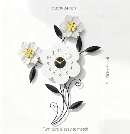 Large Flower Wall Clock, Modern Metal Wall Decor with Silent Quartz Movement, Artistic Floral Wall Art for Living Room Bedroom Office, Elegant Black White Gold Petal Design, 24" x 34.5"