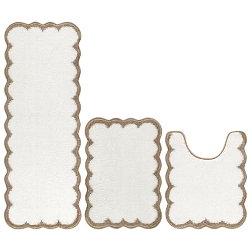Pauwer Bathroom Rug Sets 3 Piece, Scalloped Bath Rugs, Beige and Khaki | Non Slip Washable Bath Mat With U-Shaped Toilet Rug, Extra Absorbent Quick Dry, For Floor Sink - color: Beige and Khaki