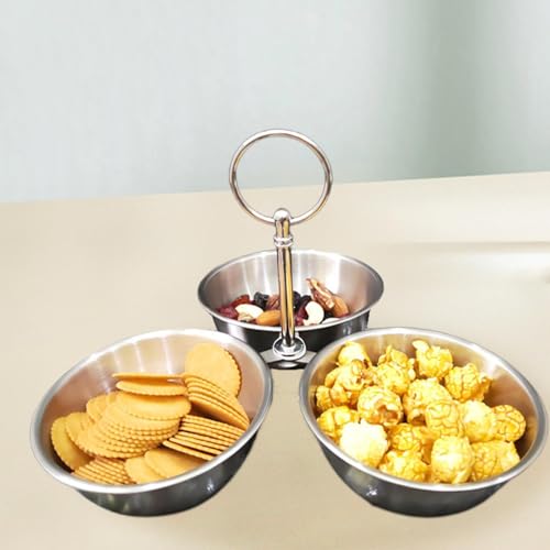 Snack Serving Bowl, 3 Compartment Stainless Steel Snack Stand with Bowls, Divided Serving Tray for Candy Dessert Snacks, Silver