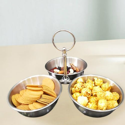 Snack Serving Bowl, 3 Compartment Stainless Steel Snack Stand with Bowls, Divided Serving Tray for Candy Dessert Snacks, Silver