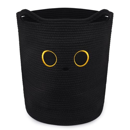 Tall Black Cat Laundry Basket for Nursery, Cute Large Woven Cotton Rope | Blanket Storage Basket , Baby 0rganize Blanket Shower Hamper Box with Handles, 53L Clothes Bins, 15"D×18.1"H - color: Black, size: 15 × 18 inches
