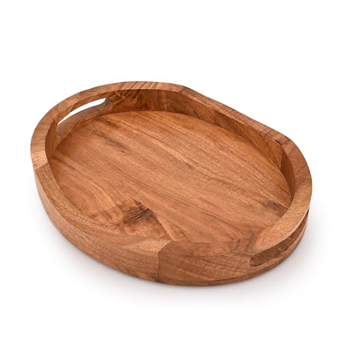 Tray Acacia Wood Oval Large Tray with Handle Food Serving Trays for Living Room Home Dining Table (14" X 11" X 2")