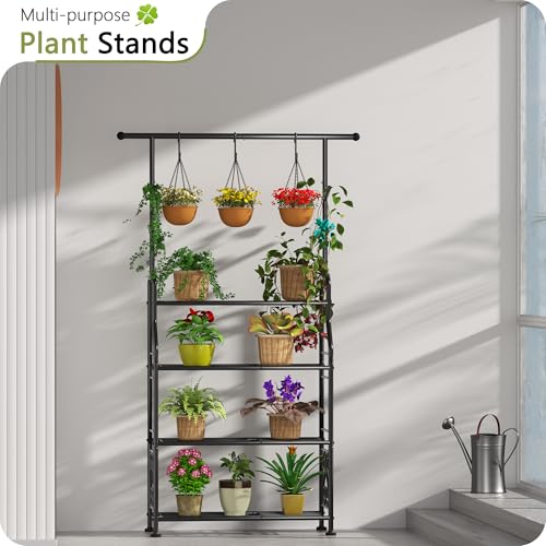 GIOTORENT Plant Stand Indoor Outdoor, 4-Tier Heavy Duty Metal Shelves, Display up to 17 Multiple Plants, Tall Plant Holder with Plant Hanger, Suit for Patio Living Room Garden Balcony, 5 Hooks, Black - size: B-4Tier-Hanger