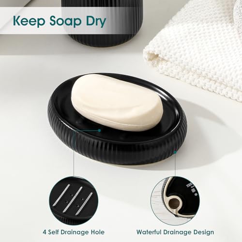 vancasso Ceramic Bathroom Accessories Set 4 Piece, Soap Dispenser with Stainless Steel Pump, Toothbrush Holder, Tumbler and Soap Dish, Modern Relief Design, Bathroom Decor Organizer, Black - style: Black