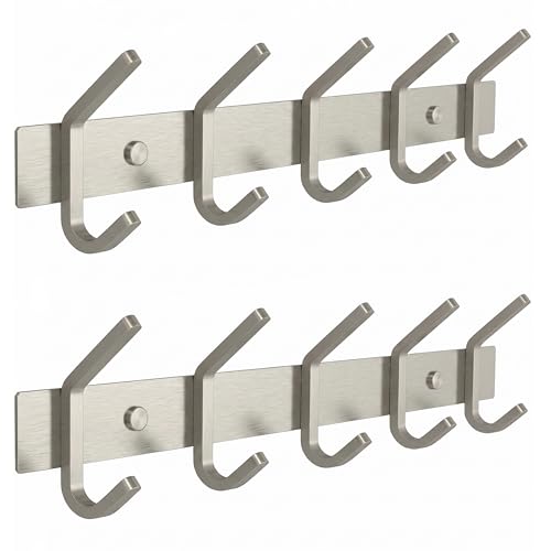 Coat Rack Wall Mount – Brushed Nickel 15 Inch Stainless Steel Hook Rail with 5 Heavy Duty Double Coat Hooks – Wall Mounted Coat Hanger for Entryway, Bathroom, Bedroom, Towel, Hat Organizer - 2 Pack - color: Silver, size: 5 Hooks - 2 Pack