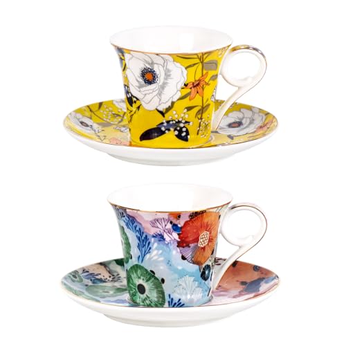 KAMMAK Tea Cups and Saucers Set of 2, 5.7 oz Porcelain Coffee Cups, 567N | Stackable Espresso Mugs, Ceramic Demitasse for Coffee, Cappuccino, Latte, Americano, Tea - size: 7KPSP567N+568N