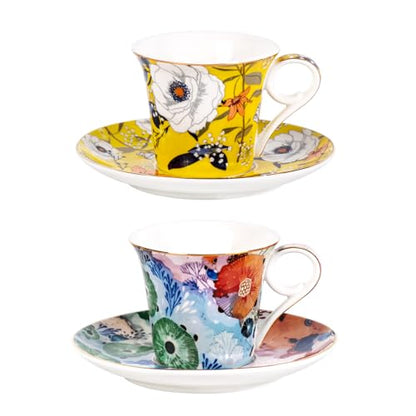 KAMMAK Tea Cups and Saucers Set of 2, 5.7 oz Porcelain Coffee Cups, 567N | Stackable Espresso Mugs, Ceramic Demitasse for Coffee, Cappuccino, Latte, Americano, Tea - size: 7KPSP567N+568N