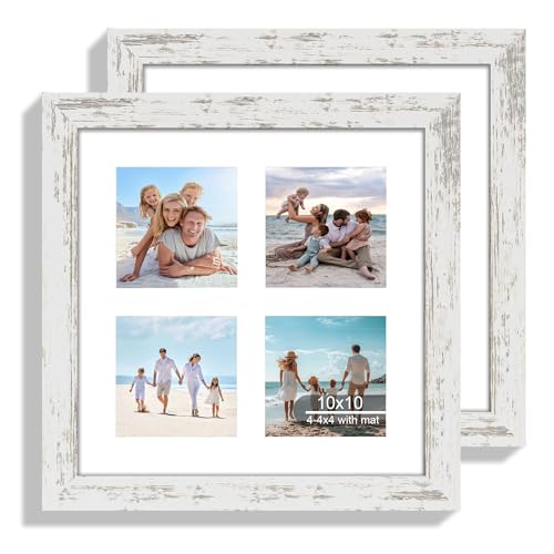 Hongkee 10x10 Picture Frame Set of 2, Real Glass and Distressed White Collage Frame, Display Pictures Four Opening 4x4 With Mat or 10 x 10 Without Mat for Wall Hanging or Tabletop - color: Distressed White, size: 10x10 in matted to 4-4x4