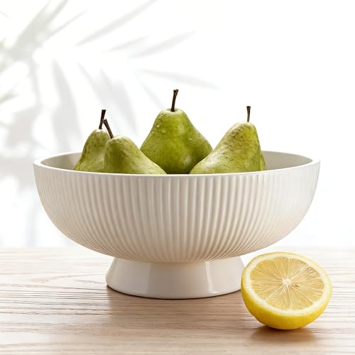 Gutedeal 10 Inch Large Decorative Bowl Handmade Ceramic Matte White Striped Decor Bowls, Spacious Fruit & Key Catch All Bowl for Kitchen Counter, Entryway, Centerpiece, Wedding - size: 10 Inch