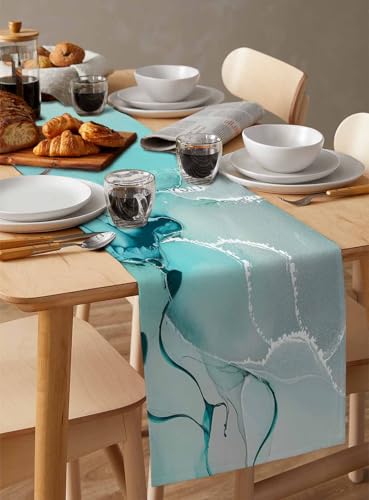 Marble Turquoise Aqua Table Runner 36 Inches Long,Cotton Linen Modern Teal Kitchen Dinner Dining Table Runners Decor Dresser,Burlap Blue Tablerunner for Coffee/Dining/Party/Wedding Table Table Decor - size: 13"x36"