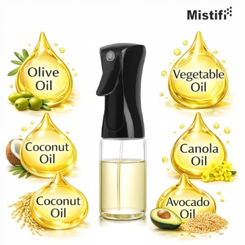 Oil Sprayer for Cooking, 240ml Glass Olive Oil Sprayer, Fine Mist Spray Bottle for Air Fryer, Nonstick Frying, Salad, BBQ, Refillable Kitchen Oil Dispenser PS889B (240ml Black Head)