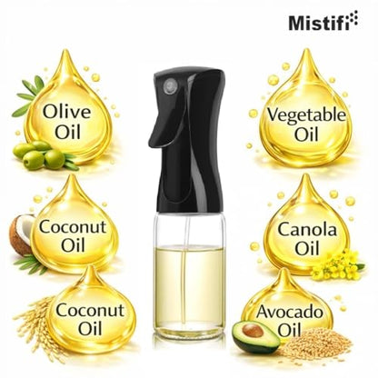 Oil Sprayer for Cooking, 240ml Glass Olive Oil Sprayer, Fine Mist Spray Bottle for Air Fryer, Nonstick Frying, Salad, BBQ, Refillable Kitchen Oil Dispenser PS889B (240ml Black Head)