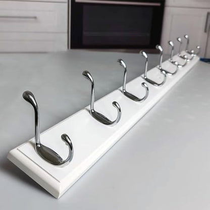 Wooden Wall Mounted Coat Rack 35 inch (90cm) with 8 Silver Hooks, Lang Wood White Coat Hook for Entrance, Hallway, Bedroom, Wall Clothes Hanger - size: Long-35.4in(90cm),8 Silver Hooks, style: Modern