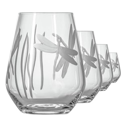 Rolf Glass Dragonfly Stemless Wine Glass 18oz - Set of 4 Tumbler Wine Glasses - Lead-Free Glass - Etched Stemless Wine Glasses - Made in the USA - A Classic - color: Stemless 4 Set