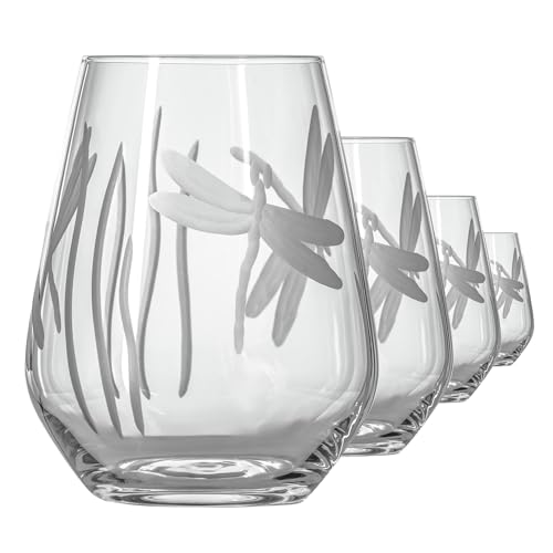 Rolf Glass Dragonfly Stemless Wine Glass 18oz - Set of 4 Tumbler Wine Glasses - Lead-Free Glass - Etched Stemless Wine Glasses - Made in the USA - A Classic - color: Stemless 4 Set