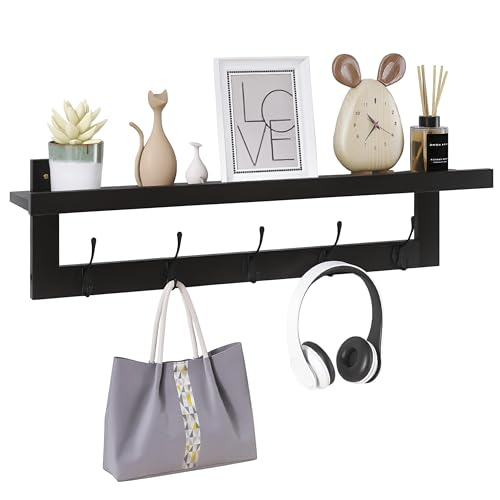 SMIBUY Coat Hooks with Shelf Wall-Mounted, 29.2 Inch Entryway Coat Rack for Wall, Bamboo Hanging Shelf with 5 Double Metal Hooks for Bathroom, Bedroom, Kitchen, Living Room, Mudroom (Black) - color: Black