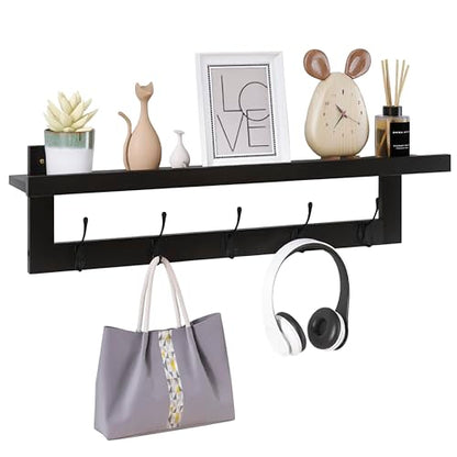SMIBUY Coat Hooks with Shelf Wall-Mounted, 29.2 Inch Entryway Coat Rack for Wall, Bamboo Hanging Shelf with 5 Double Metal Hooks for Bathroom, Bedroom, Kitchen, Living Room, Mudroom (Black) - color: Black