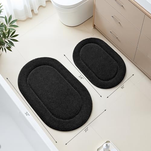 HOMEIDEAS Black Oval Bathroom Rug Sets 2 Piece 20" x 32" + 16" x 24" | Microfiber Bath Mats, Non-Slip TPR Backing, Ultra Absorbent & Quick Dry, Machine Washable for Bathroom, Shower, Tub - color: Black
