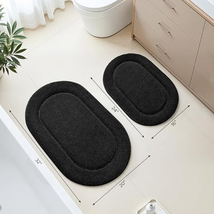 HOMEIDEAS Black Oval Bathroom Rug Sets 2 Piece 20" x 32" + 16" x 24" | Microfiber Bath Mats, Non-Slip TPR Backing, Ultra Absorbent & Quick Dry, Machine Washable for Bathroom, Shower, Tub - color: Black