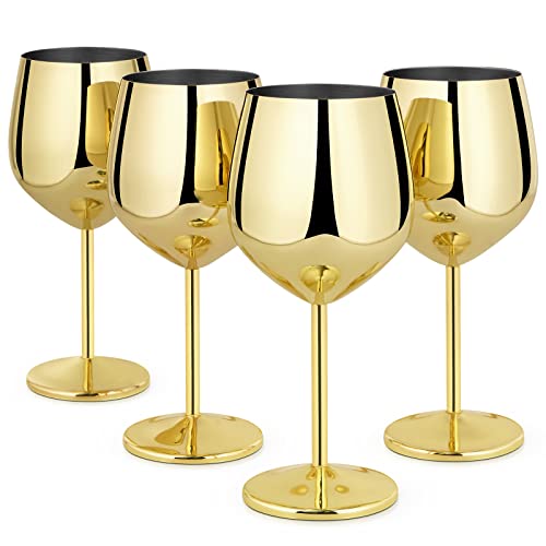 Lifecapido Stainless Steel Wine Glasses Set of 4, 18oz Stainless Steel Wine Goblets, Stemmed Metal Wine Glasses with Cup Brush for Party Office Wedding Anniversary, Great for Red White Wine (Gold) - color: Gold